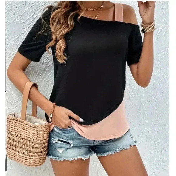 Black Colorblock Cutout Tee Size 12 - Picture 1 of 2